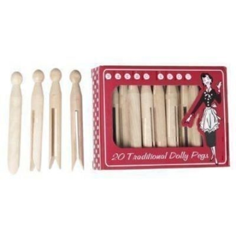 Set of 20 traditional wooden dolly/clothes pegs. Peg size 11cm. WxLxH 3x15x11cm. Materials Wood/card